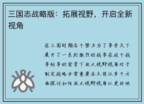 三国志战略版：拓展视野，开启全新视角